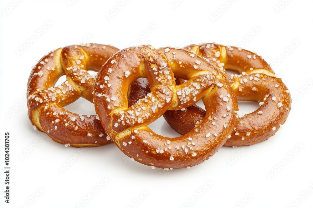 Three soft, golden-brown pretzels, each with distinct textures and lightly sprinkled with coarse Three soft, golden-brown pretzels, each with distinct textures and lightly sprinkled with coarse