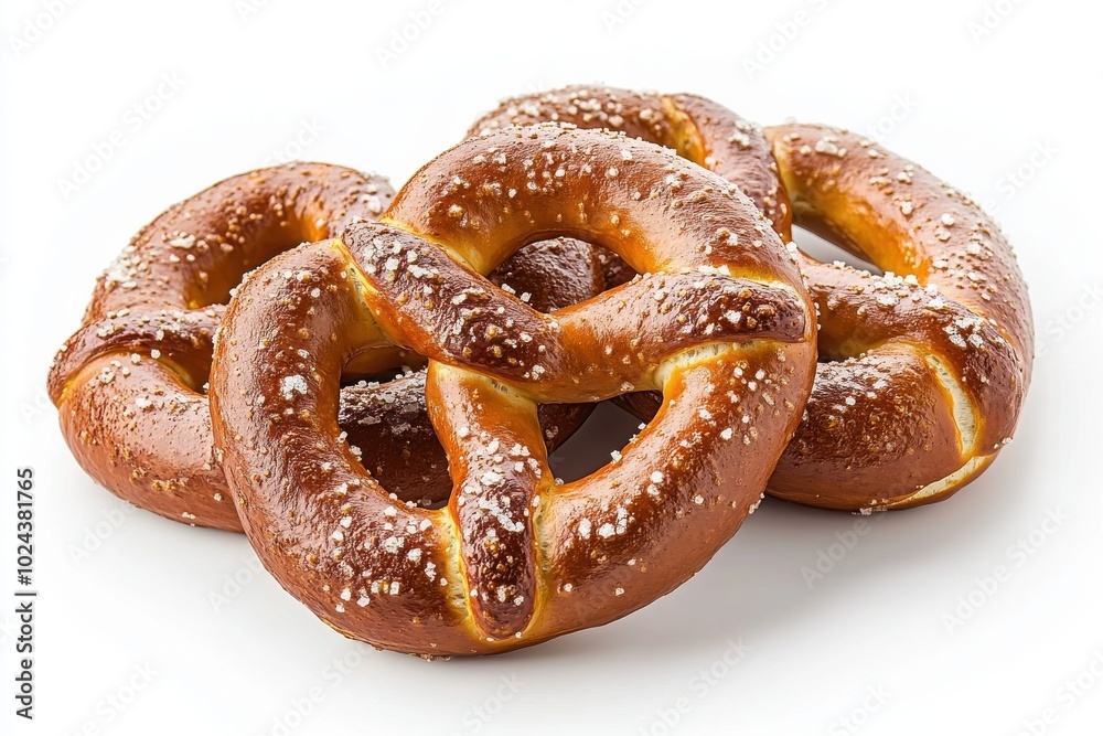 Three soft, golden-brown pretzels, each with distinct textures and lightly sprinkled with coarse Three soft, golden-brown pretzels, each with distinct textures and lightly sprinkled with coarse