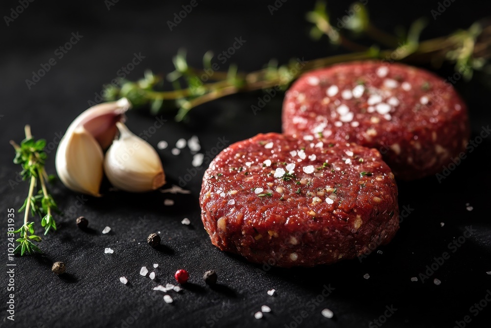Three uncooked burger patties on a black surface, lightly seasoned with coarse salt Three uncooked burger patties on a black surface, lightly seasoned with coarse salt