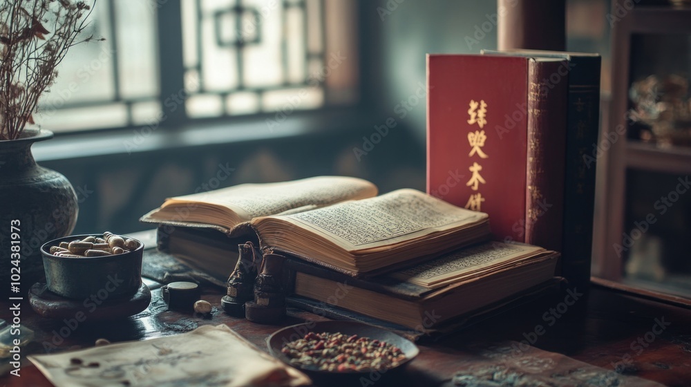 Ancient Chinese Books on Wooden Table Ancient Chinese Books on Wooden Table