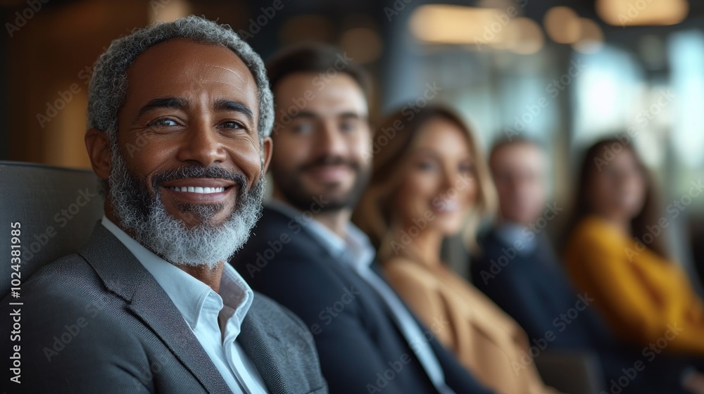 A diverse group of smiling business professionals, looking confidently towards the camera, in a professional setting. A diverse group of smiling business professionals, looking confidently towards the camera, in a professional setting.