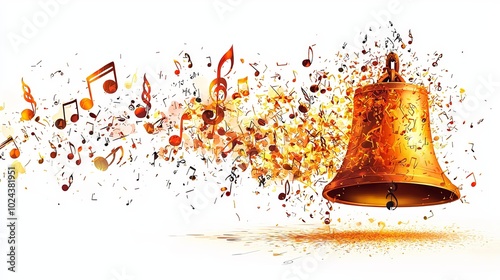 A vibrant and dynamic bell stands surrounded by a flurry of orange musical notes, representing energy and vivacity in a creative abstract composition. photo
