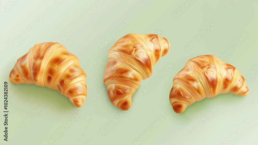 Freshly baked croissants are displayed on soft green background, showcasing their flaky, golden brown texture. These delicious pastries evoke sense of warmth and comfort Freshly baked croissants are displayed on soft green background, showcasing their flaky, golden brown texture. These delicious pastries evoke sense of warmth and comfort