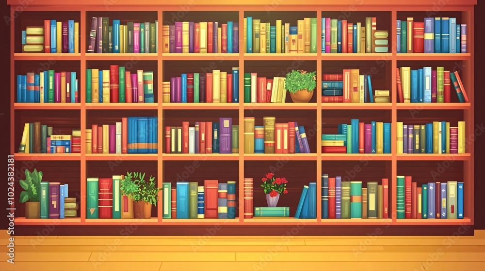 A wooden bookshelf filled with colorful books and potted plants. A wooden bookshelf filled with colorful books and potted plants.