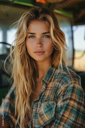 Female tractor driver with a professional look.Female tractor driver with a professional look.