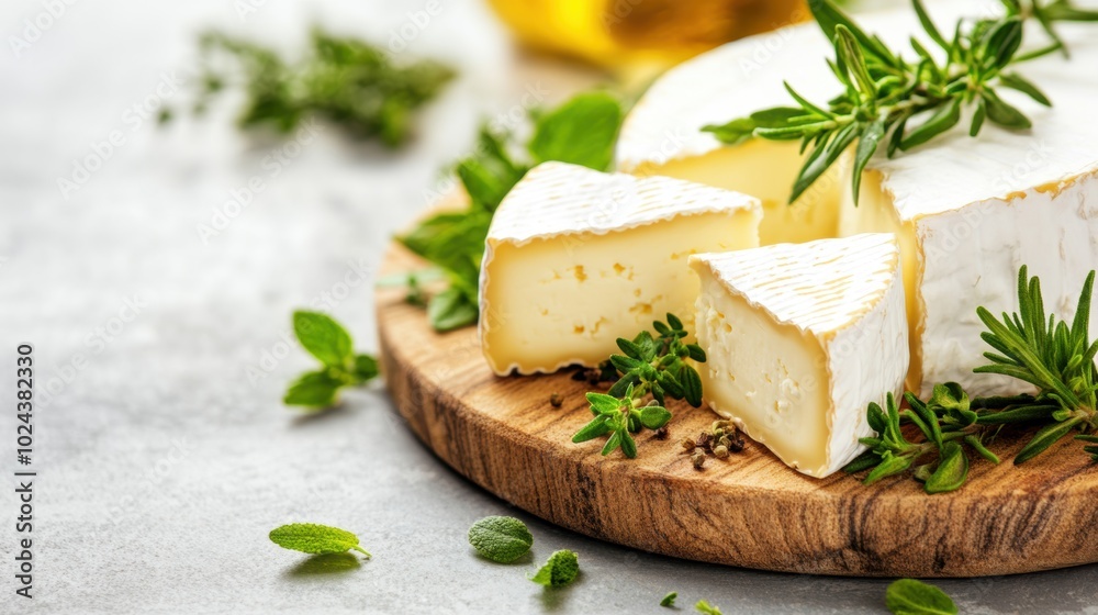 A creamy block of fresh cheese with herbs is elegantly presented on a wooden board, capturing a fresh and inviting culinary display