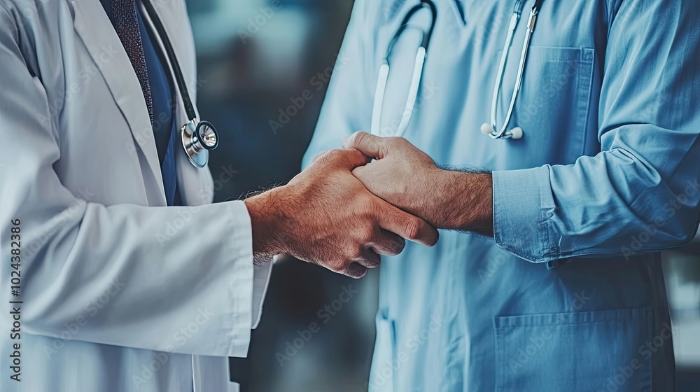Two Doctors Shaking Hands in a Hospital Setting Two Doctors Shaking Hands in a Hospital Setting