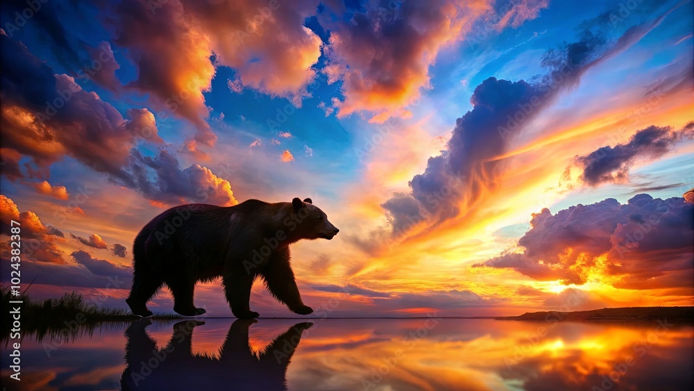 A solitary bear walks across a tranquil lake, its silhouette mirrored in the fiery sunset, a testament to nature's beauty and tranquility. A solitary bear walks across a tranquil lake, its silhouette mirrored in the fiery sunset, a testament to nature's beauty and tranquility.