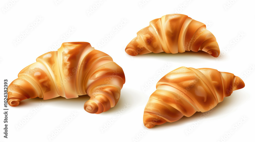 Delicious and flaky croissants are beautifully arranged, showcasing their golden brown layers and buttery texture, perfect for breakfast or snack Delicious and flaky croissants are beautifully arranged, showcasing their golden brown layers and buttery texture, perfect for breakfast or snack