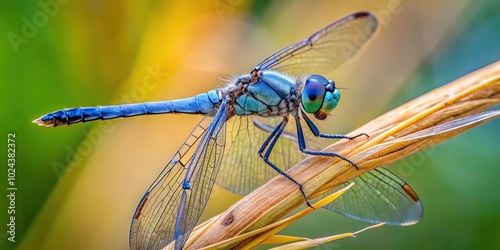 Blue Dasher Dragonfly clinging to a phragmite at eye level photo