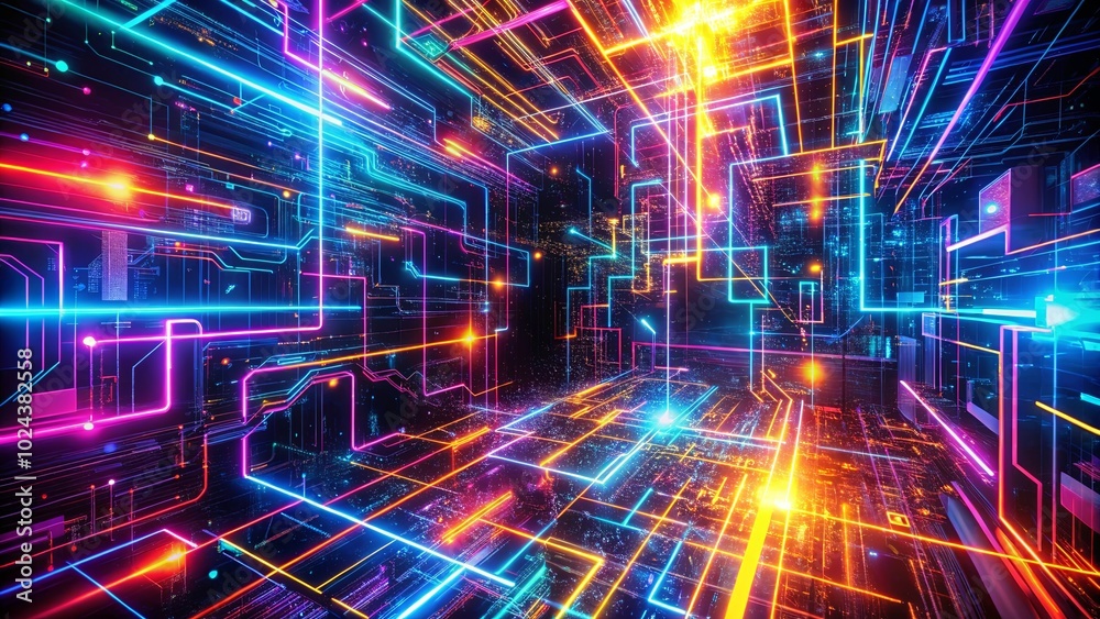 A luminous digital space with vibrant neon lines intersecting, creating an intricate network of pathways and connections. A luminous digital space with vibrant neon lines intersecting, creating an intricate network of pathways and connections.