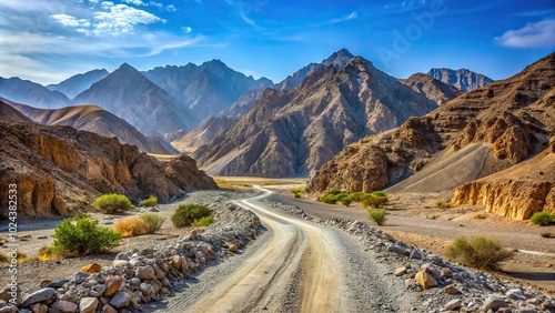 Symmetrical winding gravel road through Wadi Ghargur riverbed and rocky limestone Hajar mountains on the Copper Hike Trail in Hatta UAE
