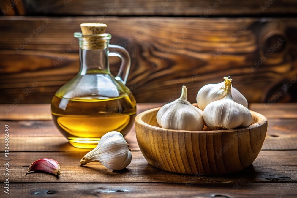 Symmetrical wooden bowl filled with garlic next to bottle of olive oil Symmetrical wooden bowl filled with garlic next to bottle of olive oil