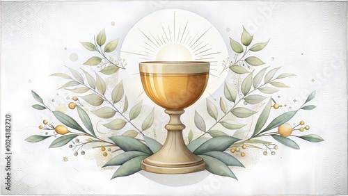 Elegant hand-drawn golden cup surrounded by floral wreath on a textured background for First Communion