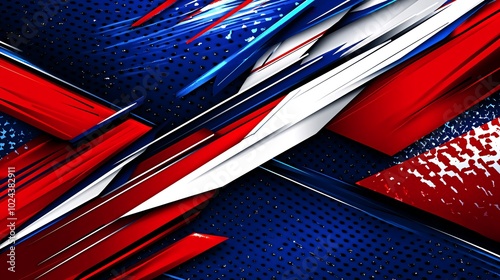 Abstract geometric design with red, white, and blue colors on a blue background with a pattern.