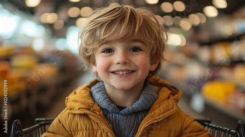 A young boy smiles brightly while sitting in a shopping cart at the supermarket.