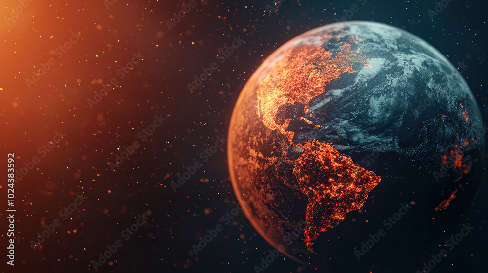 image depicts vibrant view of Earth, showcasing glowing areas that suggest impact of greenhouse gases and global warming. contrast between dark space and illuminated regions evokes sense of urgency image depicts vibrant view of Earth, showcasing glowing areas that suggest impact of greenhouse gases and global warming. contrast between dark space and illuminated regions evokes sense of urgency