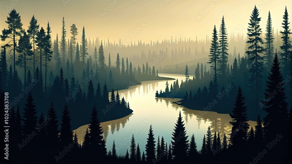 Fototapeta premium Taiga forest and winding river in summer silhouette