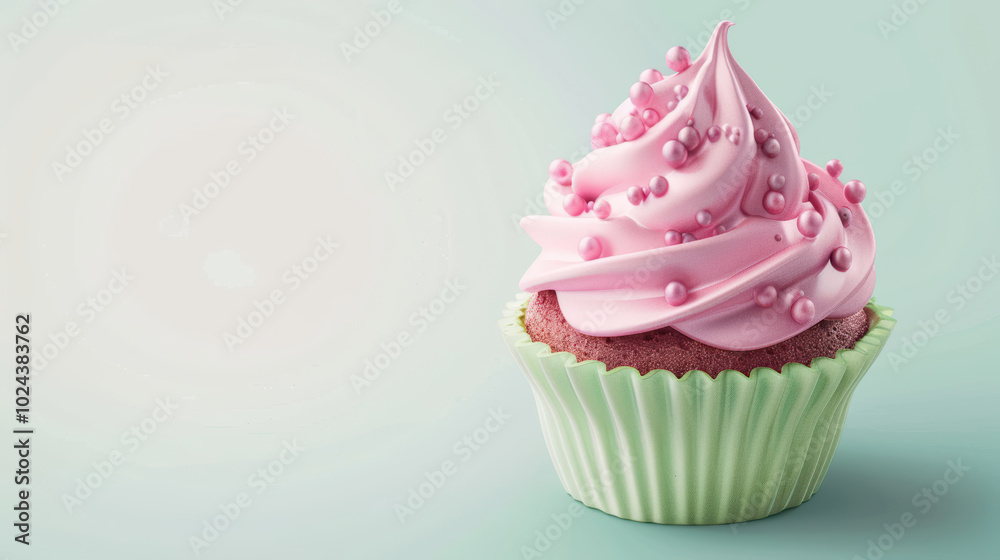 Delightful pink frosted cupcake with decorative sprinkles, set against soft pastel background, evokes sense of sweetness and joy. Perfect for dessert lovers!