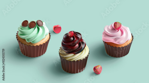 Delight in these colorful cupcakes featuring mint, chocolate, and strawberry flavors, beautifully decorated with swirls of frosting and topped with sweet treats