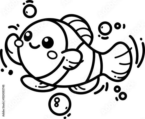 Photography Cartoon clownfish with bubbles, hand-drawn in line art style