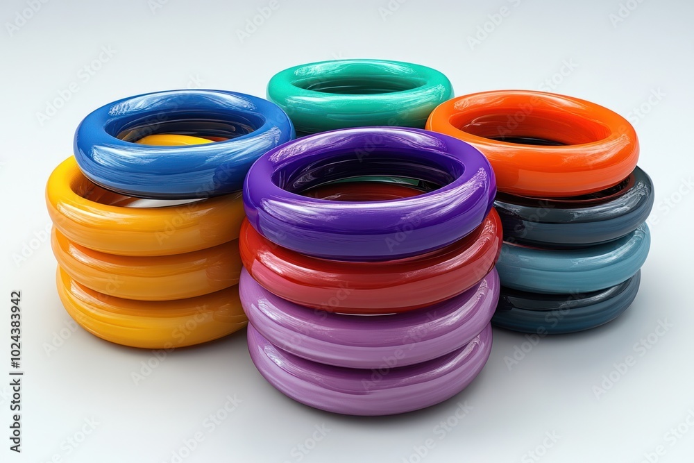 A stack of colorful rings on a white background. A stack of colorful rings on a white background.