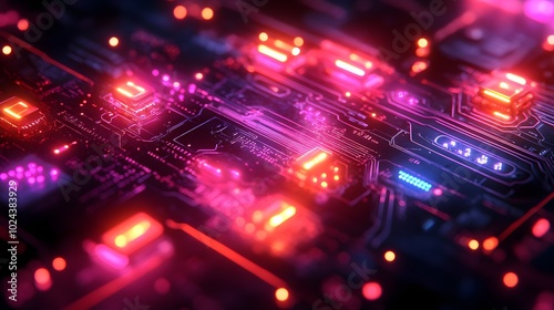 glowing neon circuit board close-up with microchip in the middle. ai technology innovation, digital intelligence, machine learning, hardware, computing