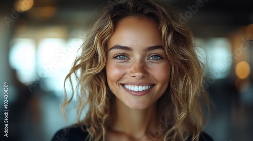A young woman with long blonde curly hair and blue eyes smiles brightly at the camera.