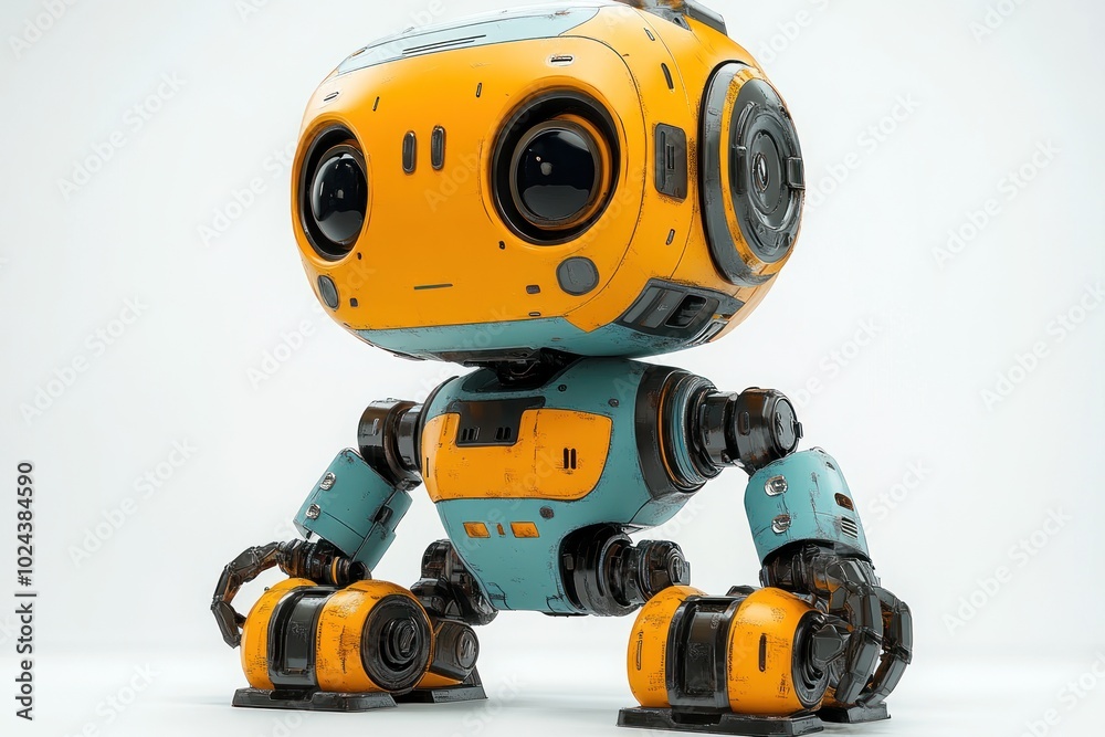 A friendly, small, blue and orange robot with large eyes sits on a white background. A friendly, small, blue and orange robot with large eyes sits on a white background.
