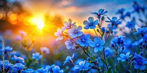 Fototapeta Naklejka Na Ścianę i Meble -  Blue flowers blooming at sunset