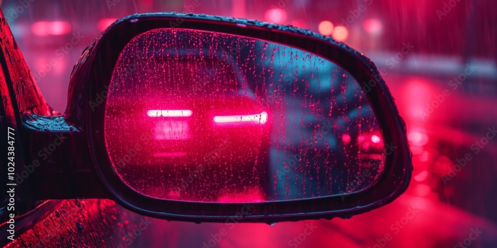 Car mirror covered in rainwater, raindrops and wet exterior during rainy day Car mirror covered in rainwater, raindrops and wet exterior during rainy day