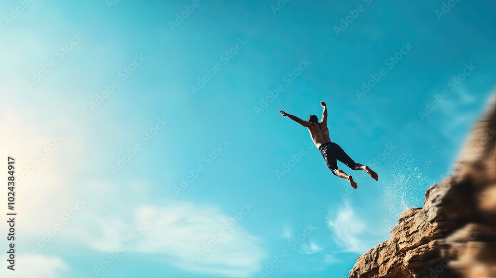 Diver Mid Dive from Cliff into Clear Water Diver Mid Dive from Cliff into Clear Water