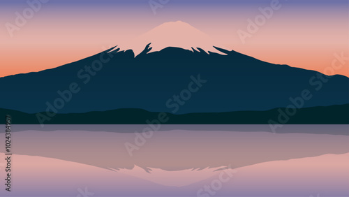 Japan. Vector background with silhouette of Mount Fuji, sunset in the mountains, reflection in the lake. Highest mountain of country. Japan`s sacred place. Travel illustration with Japanese landscape