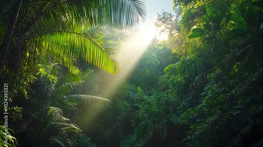 Majestic Rainforest Canopy Bathed in Ethereal Sunbeams A breathtaking view of the lush verdant rainforest with beams of golden sunlight piercing through the dense foliage Majestic Rainforest Canopy Bathed in Ethereal Sunbeams A breathtaking view of the lush verdant rainforest with beams of golden sunlight piercing through the dense foliage