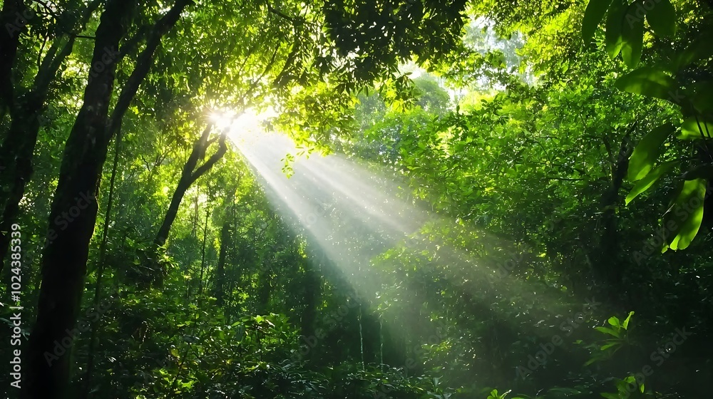 Obraz premium Breathtaking view of a dense tropical rainforest canopy with vibrant green foliage and beams of sunlight dramatically piercing through the thick overhead cover creating a serene and ethereal ambiance