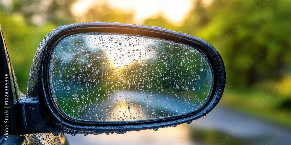 Car mirror covered in rainwater, raindrops and wet exterior during rainy day Car mirror covered in rainwater, raindrops and wet exterior during rainy day