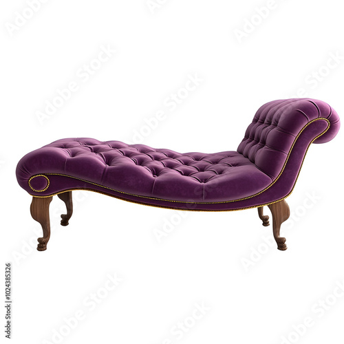 Luxurious purple chaise lounge with tufted upholstery and elegant wooden legs, perfect for adding touch of sophistication to any interior space