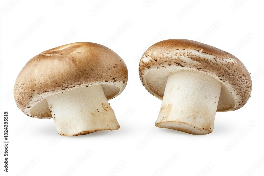 Two fresh mushrooms champignons, one whole and the other cut in half isolated Two fresh mushrooms champignons, one whole and the other cut in half isolated