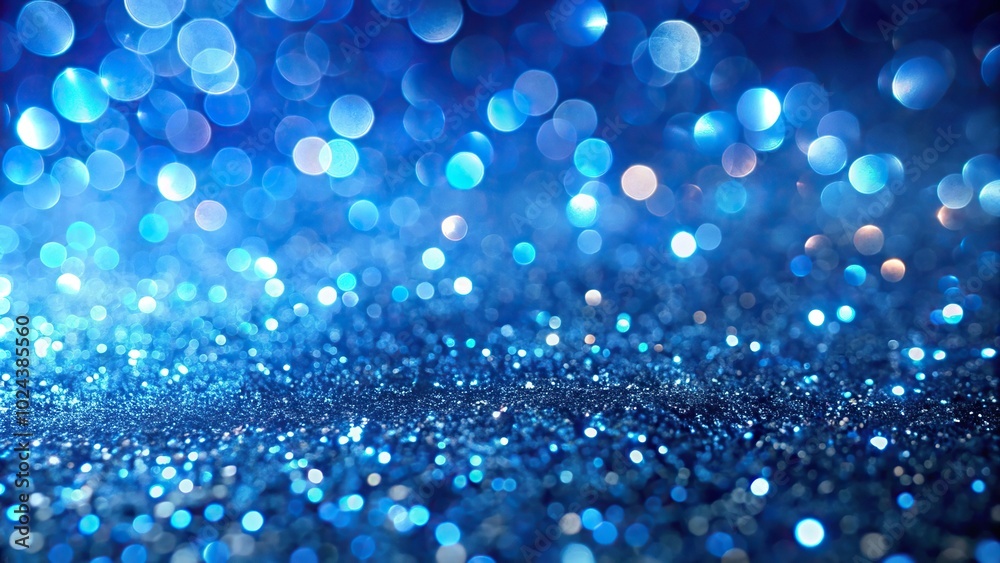 Blue glittering particles and bokeh background with tilted angle