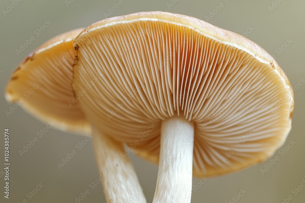 Two mushrooms with light brown caps and white stems. The gills of the mushrooms are visible Two mushrooms with light brown caps and white stems. The gills of the mushrooms are visible