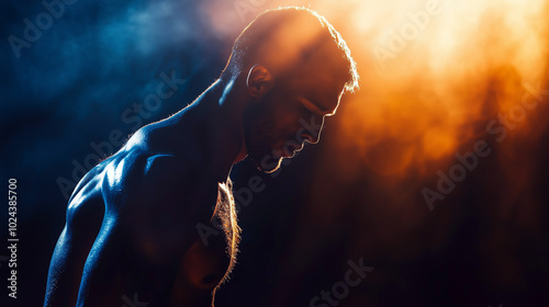 Photo of a muscular male athlete in a room illuminated by blue and orange light in a misty and moody environment. Cinematic style portrait.