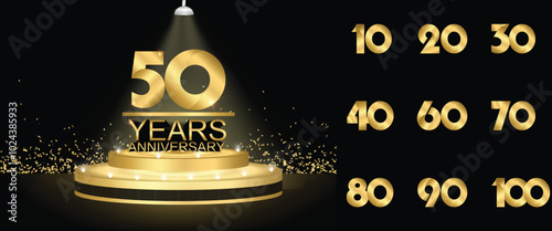 Set of 10th-90th anniversary celebration emblem. Golden Jubilee Award Graphics Background. Entertainment Spot Light Hollywood Template Luxury Premium Corporate Abstract Design Template