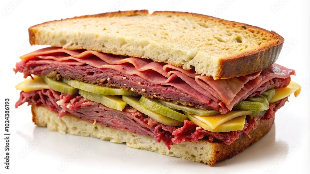 Tasty pastrami sandwich with unique angle on white background Tasty pastrami sandwich with unique angle on white background