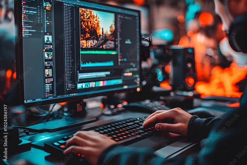 Focused Video Editor Crafting Multimedia Production at High Tech Workstation Focused Video Editor Crafting Multimedia Production at High Tech Workstation