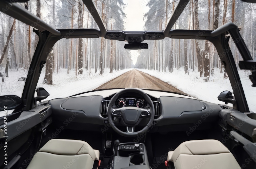 An unmanned vehicle equipped with artificial intelligence is driving on a winter road. View from the car interior to the road. An unmanned vehicle equipped with artificial intelligence is driving on a winter road. View from the car interior to the road.