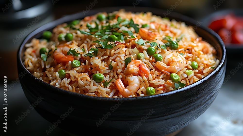 A bowl of delicious shrimp fried rice with peas and herbs. A bowl of delicious shrimp fried rice with peas and herbs.
