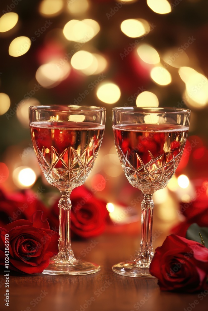 Romantic wine glasses red roses with warm bokeh lights Romantic wine glasses red roses with warm bokeh lights