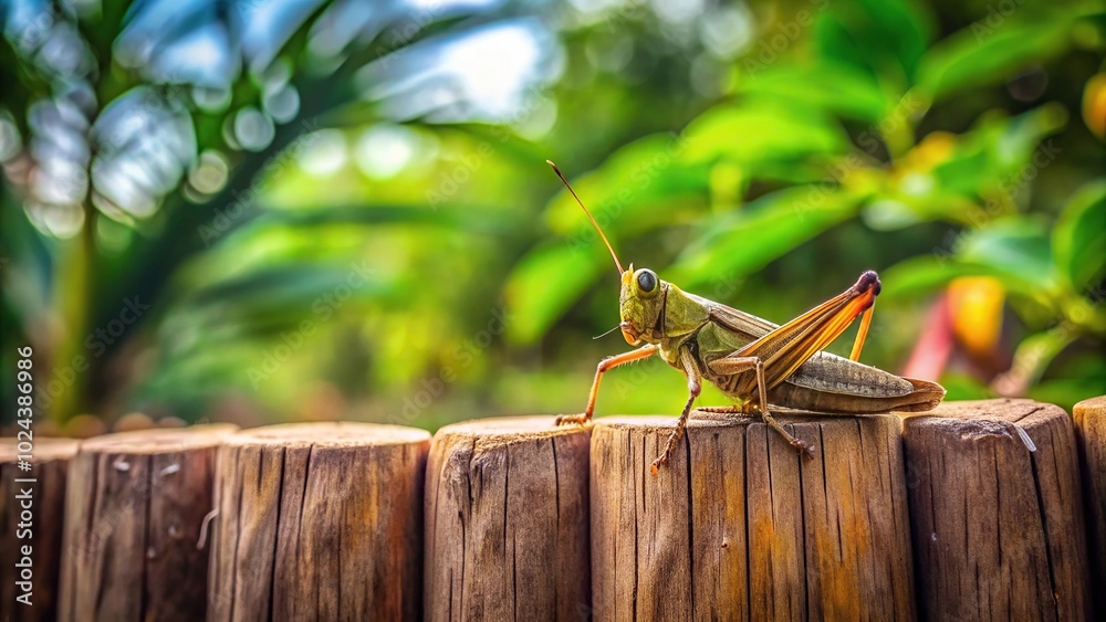 Teak tree grasshopper perched on a wooden fence close up view Teak tree grasshopper perched on a wooden fence close up view