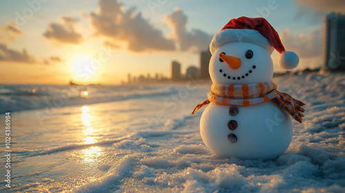 Festive Snowman with Santa Hat on Sunny Beach