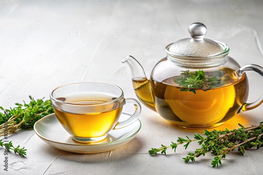 Teapot and cup of green tea with thyme on white background Teapot and cup of green tea with thyme on white background